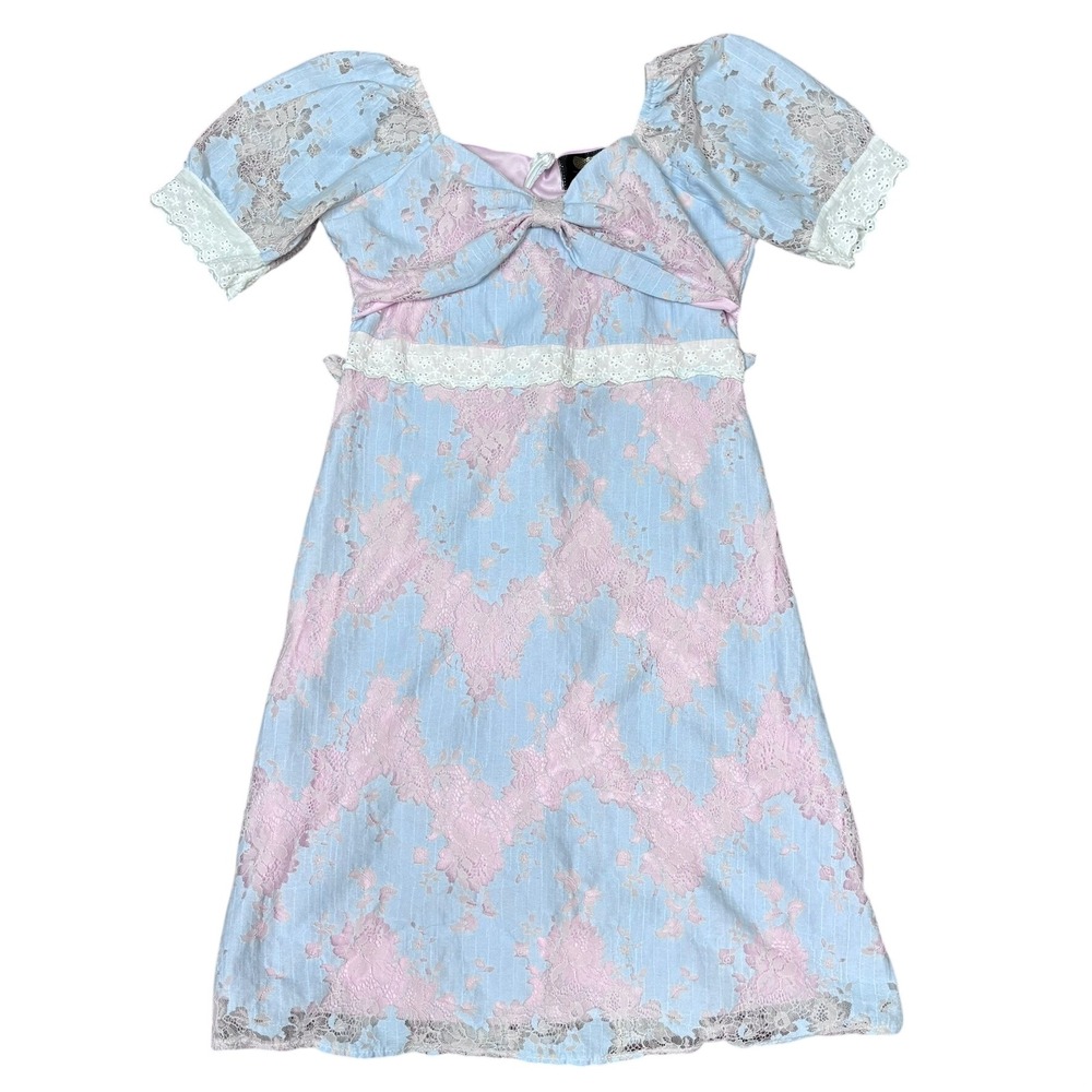 Triple F‎ Coquette Lolita Kawaii Women Blue Pink Lace Puff Sleeve Sun Dress S